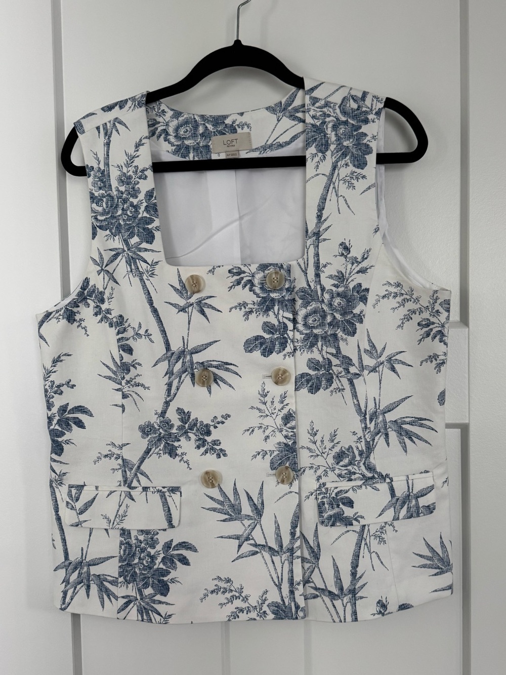 LOFT White and Blue Floral Double-Breasted Vest